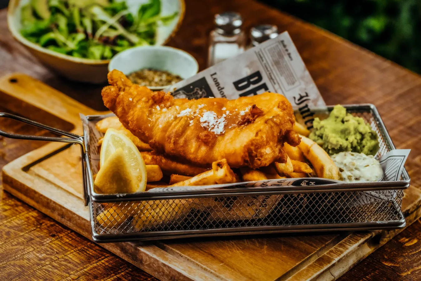 Beer battered fish and chips with mushy peas and tartare sauce at The Hercules Pillars, Holborn