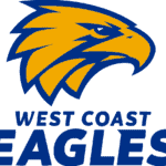 West Coast Eagles logo featuring a golden eagle head on a blue background.
