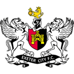 Exeter City F.C. crest featuring two white lions and a golden lion on a black background.