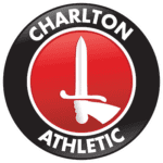 Charlton Athletic logo featuring a sword and shield design with red, black, and white colours.
