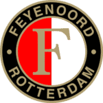 Feyenood Rotterdam logo with red and white background and gold lettering.
