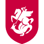 Heraldic shield featuring a white dragon with a spear on a red background.
