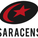 Logo of Saracens rugby team with red star and crescent on black background.